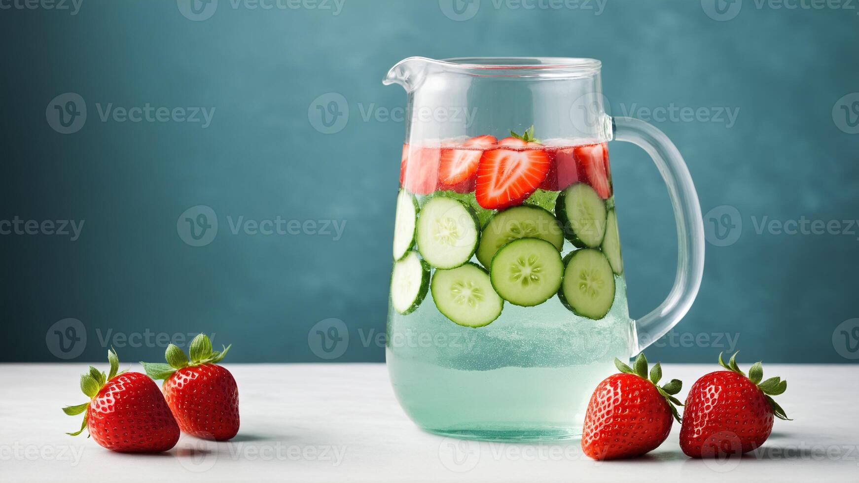 A pitcher filled with cucumber slices and strawberries photo