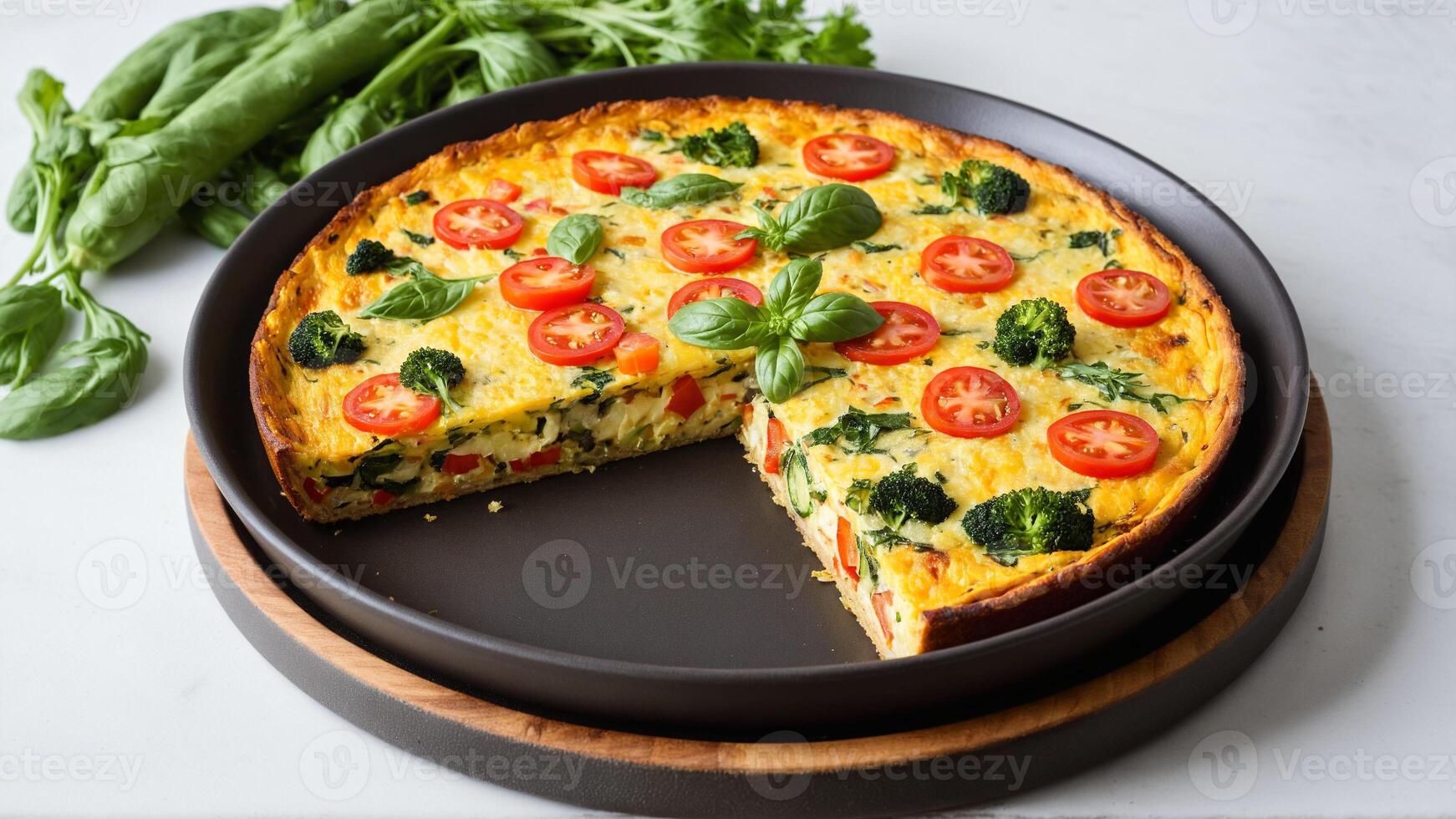 A quiche with tomatoes and spinach on a plate photo