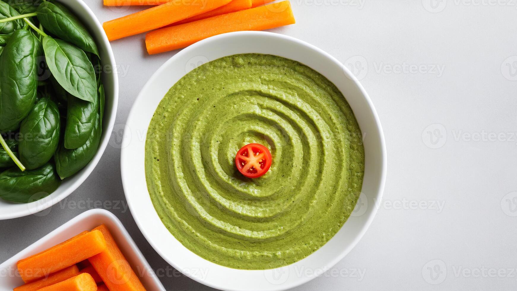 A bowl of green dip with carrots and tomatoes photo