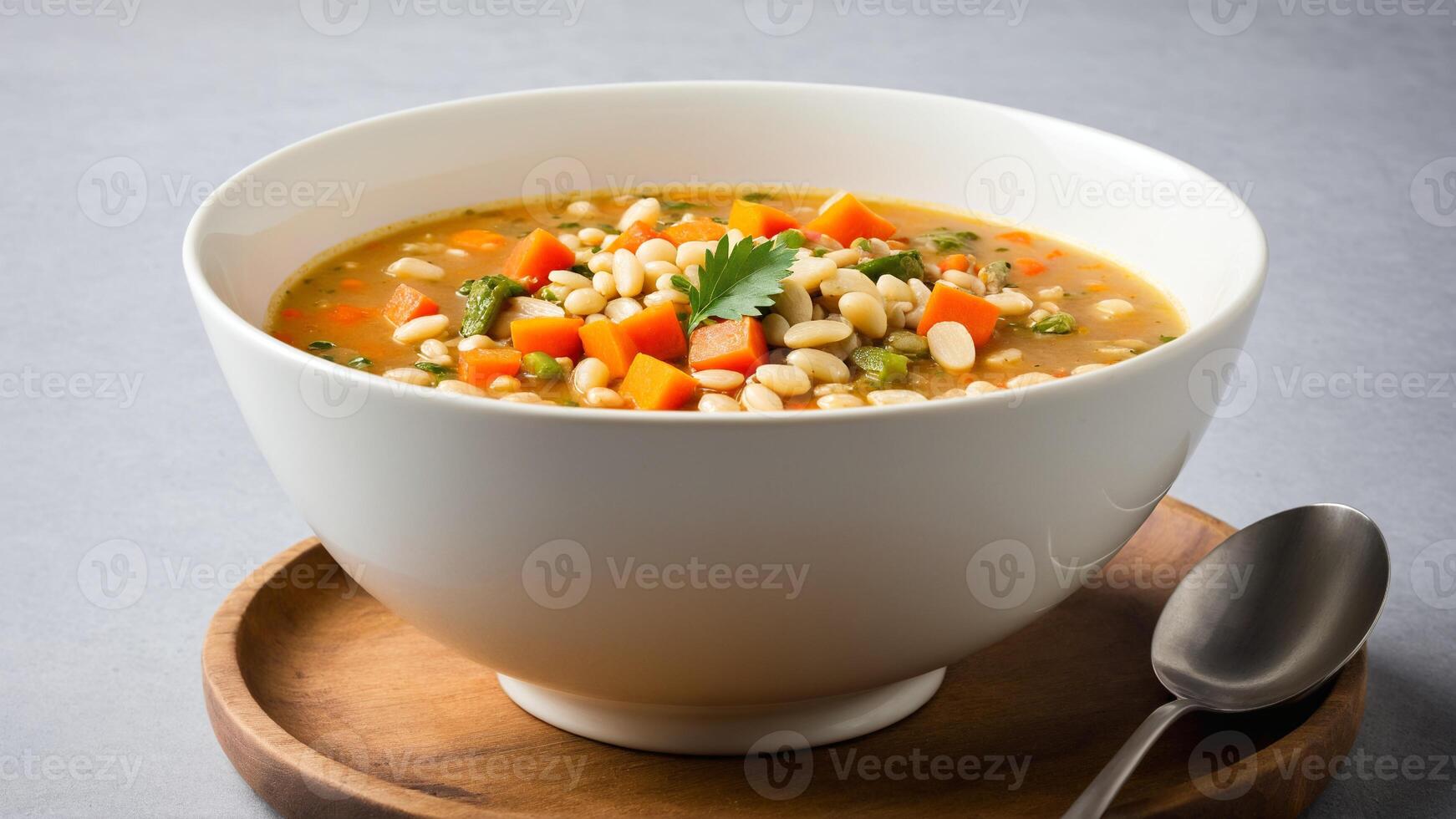 A bowl of soup with carrots, peas and other vegetables photo