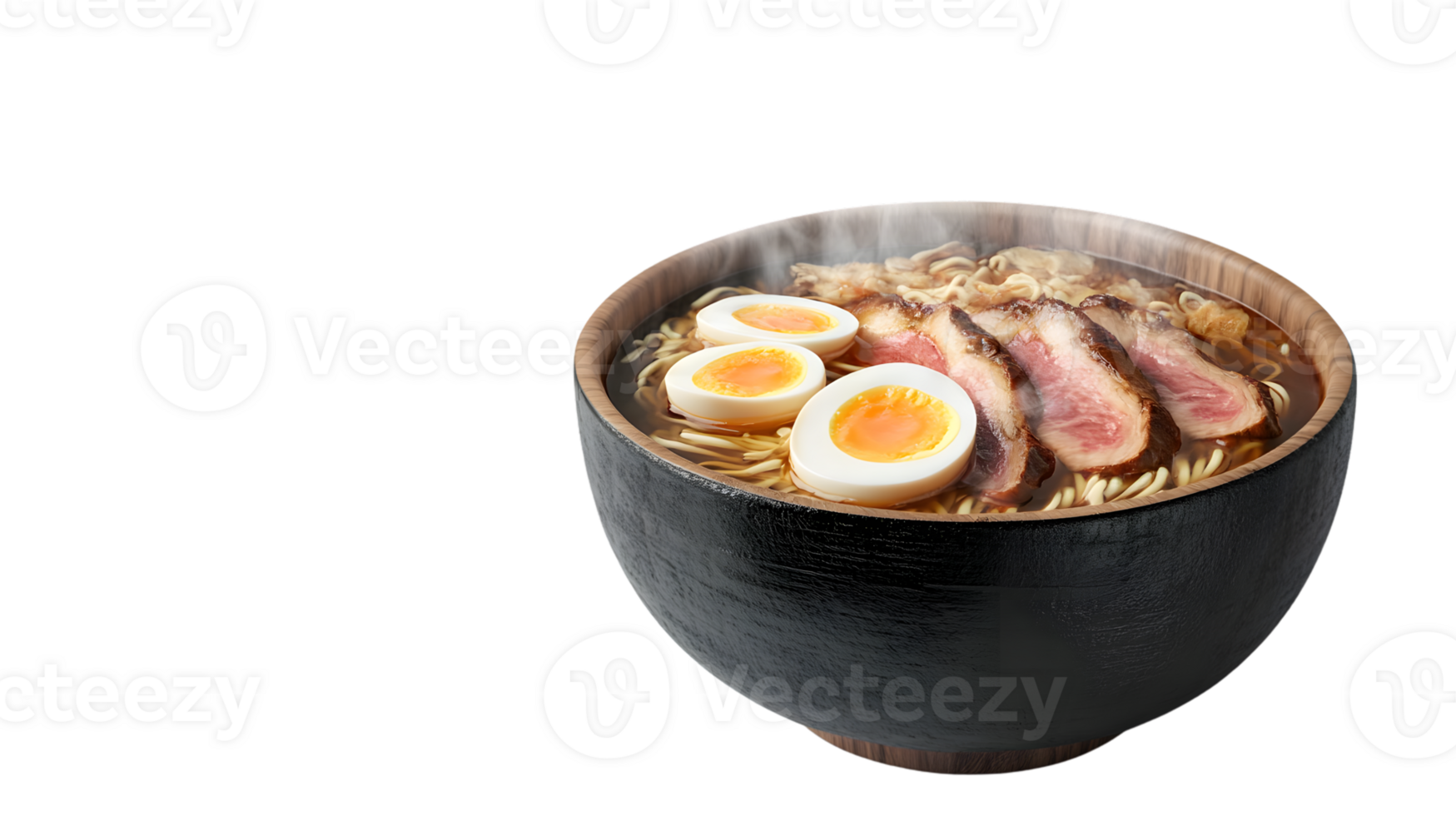 A steaming bowl of ramen with softboiled eggs and sliced meat perfect for culinary enthusiast png