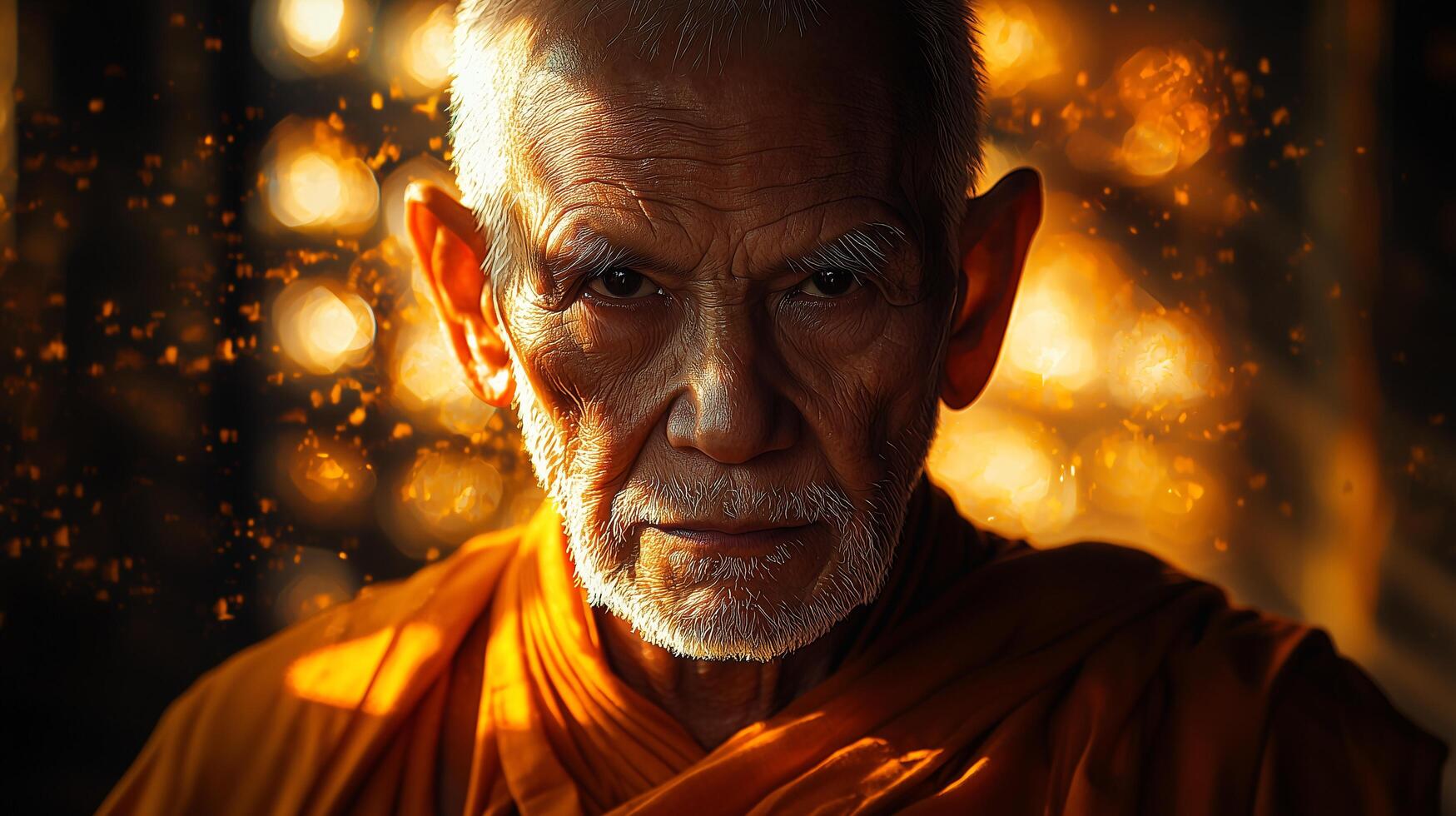 Portrait of a serene close up Buddhist monk in sunlight photo