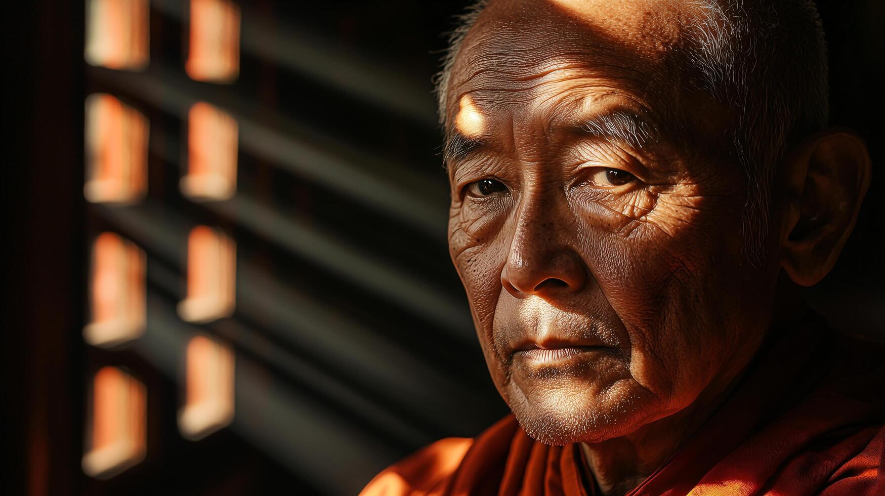 Portrait of a serene Buddhist monk in sunlight photo