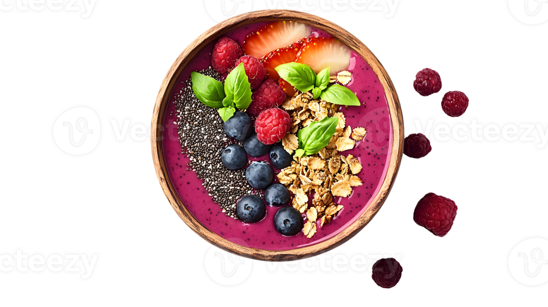 A vibrant smoothie bowl topped with fresh berries granola and basil leaves perfect for healt png