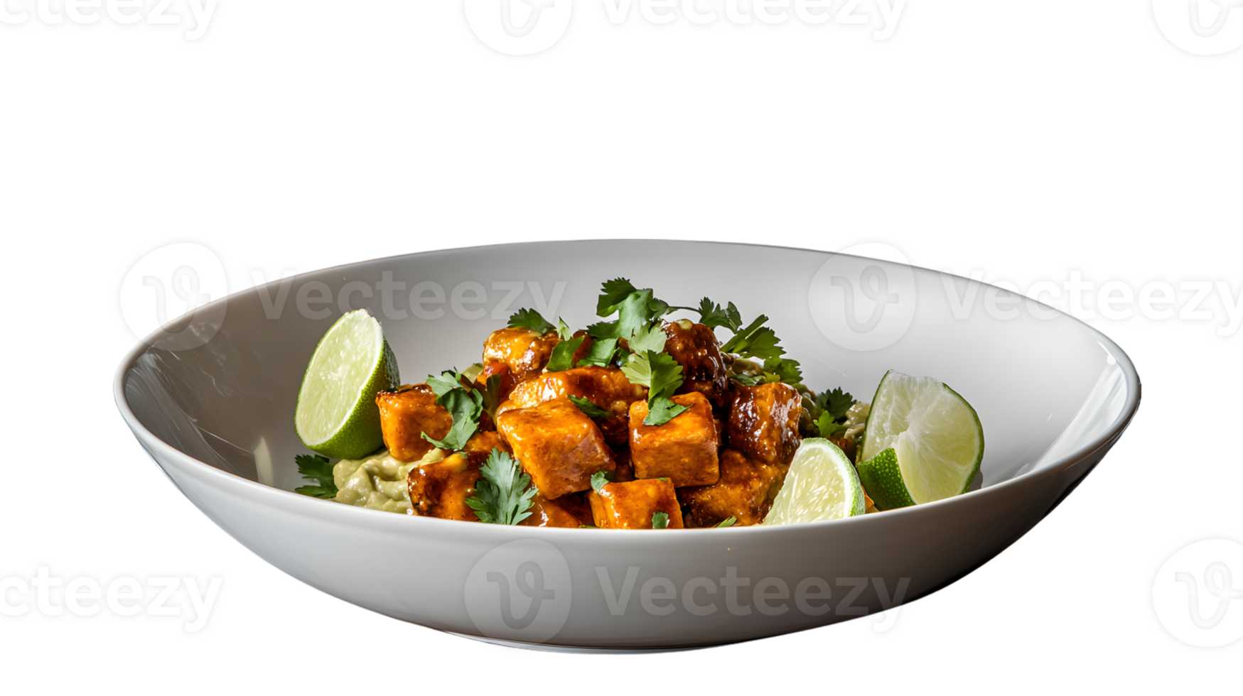 Gourmet Tofu Dish with Fresh Lime and Herbs in a White Bowl png