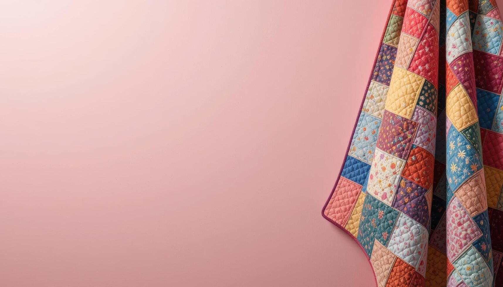 Colorful Patchwork Quilt Draped on Soft Pink Background photo