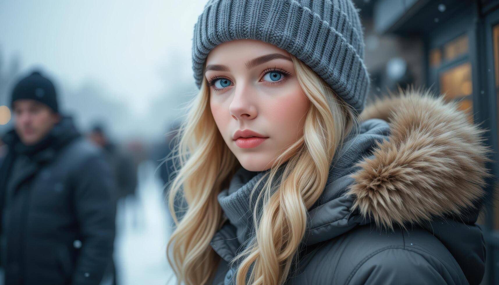 Young Woman with Blue Eyes Wearing Grey Knit Hat in Winter Setting photo