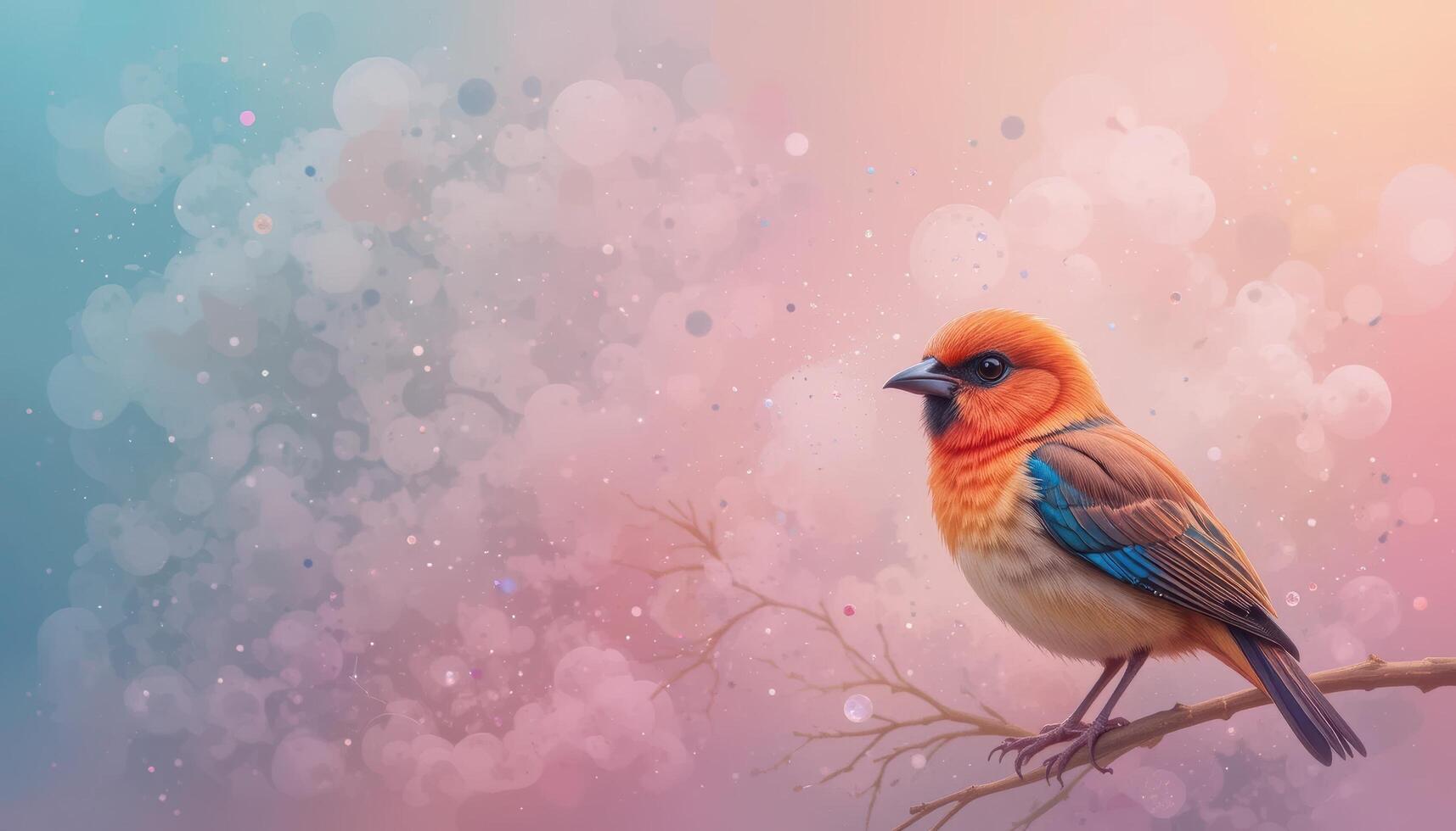 Colorful Bird on Branch with Soft Abstract Pastel Background photo