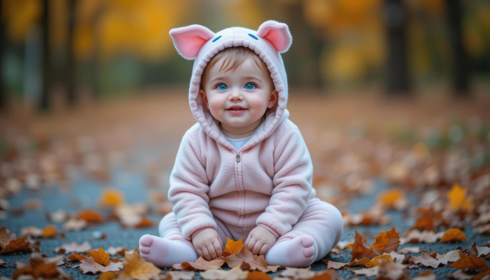 Happy Baby in Cute Pink Hoodie Surrounded by Autumn Leaves photo