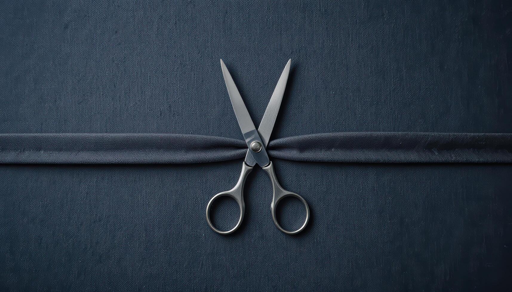 Elegant Scissors Cutting Through Smooth Black Ribbon on Dark Surface photo