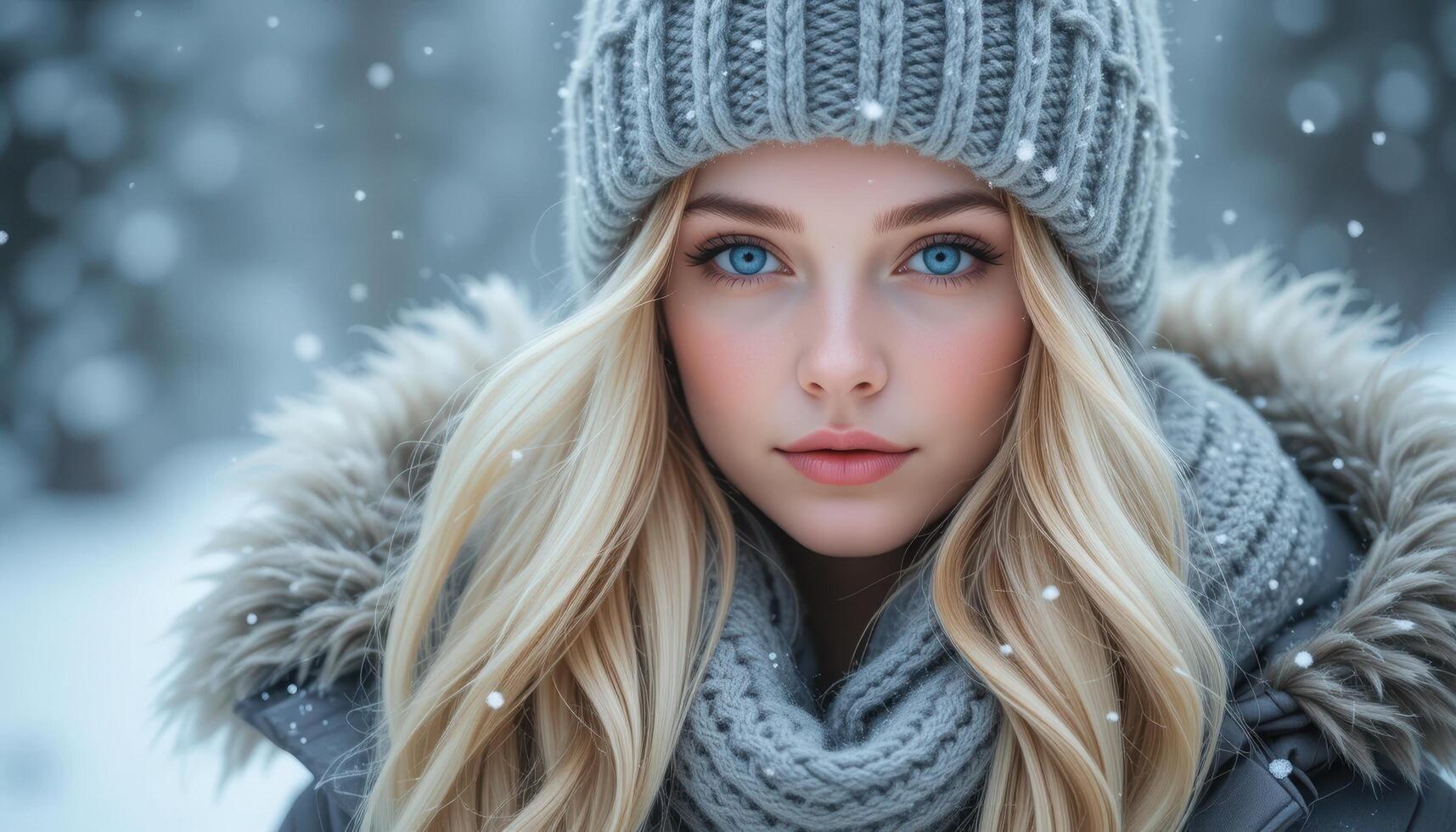 Young Woman with Blonde Hair in Winter Clothes Surrounded by Snow photo