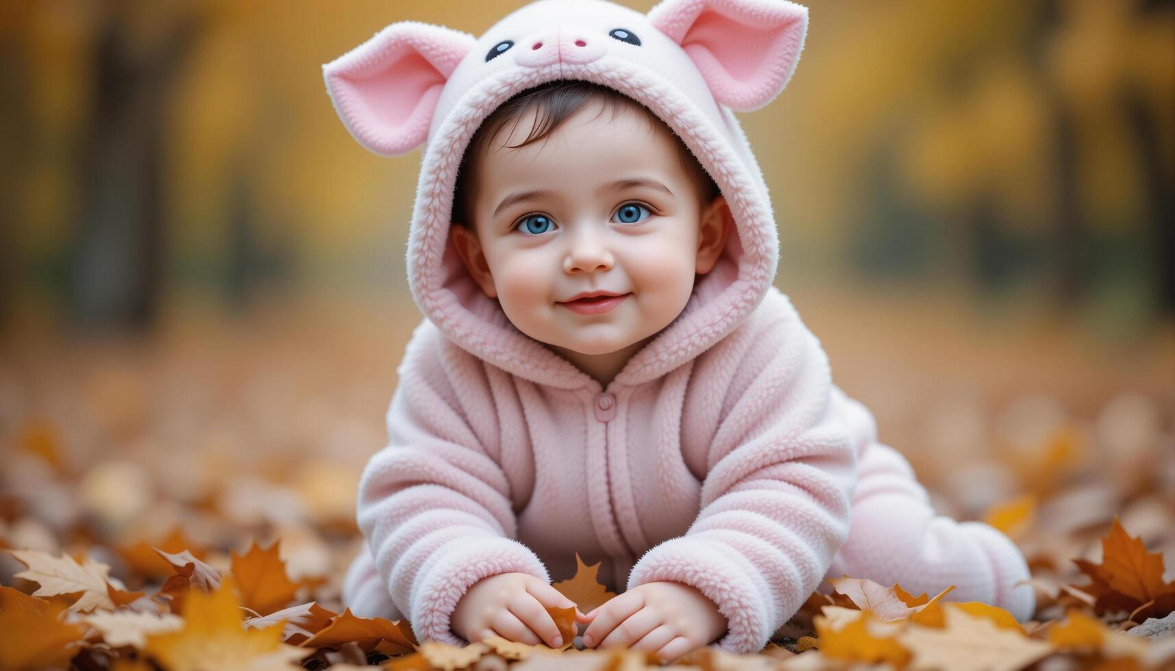 A Happy Baby in an Animal Costume Playing with Leaves. illustration photo