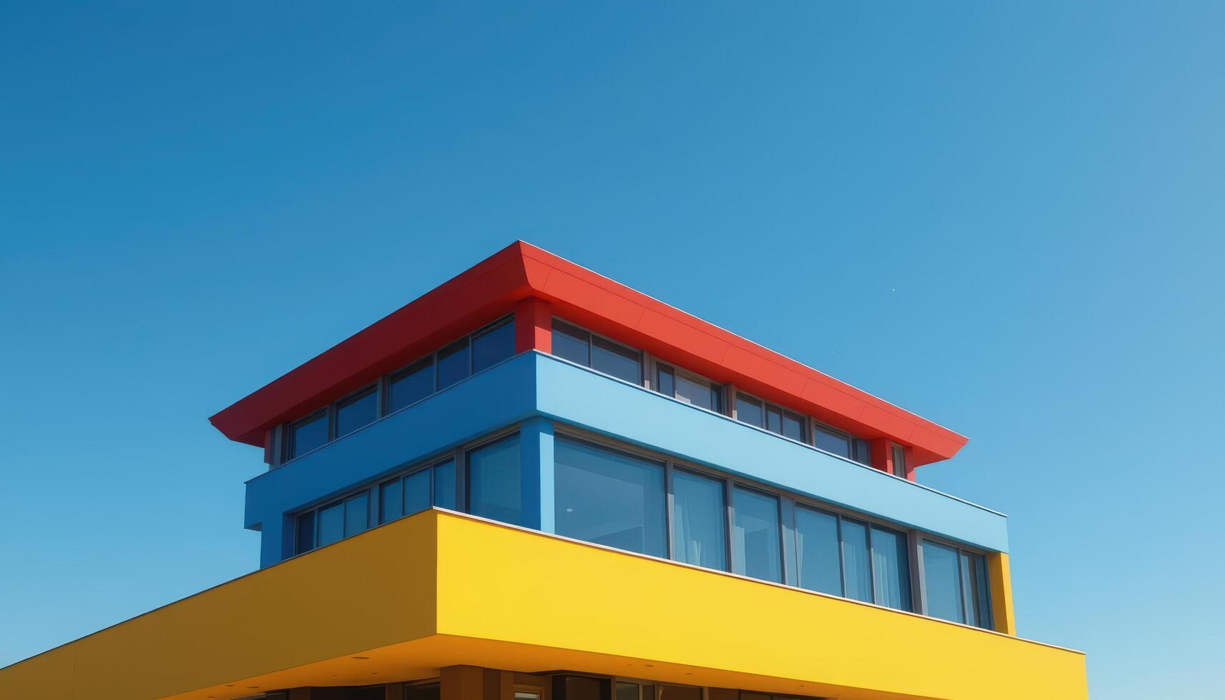 Vibrant Modern Building with Bold Colors Against Clear Blue Sky photo