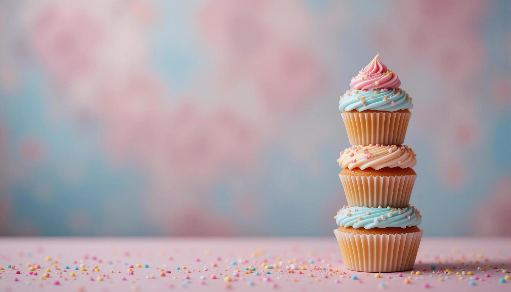 A Whimsical Cupcake Tower on a Calm Pastel Canvas. illustration photo