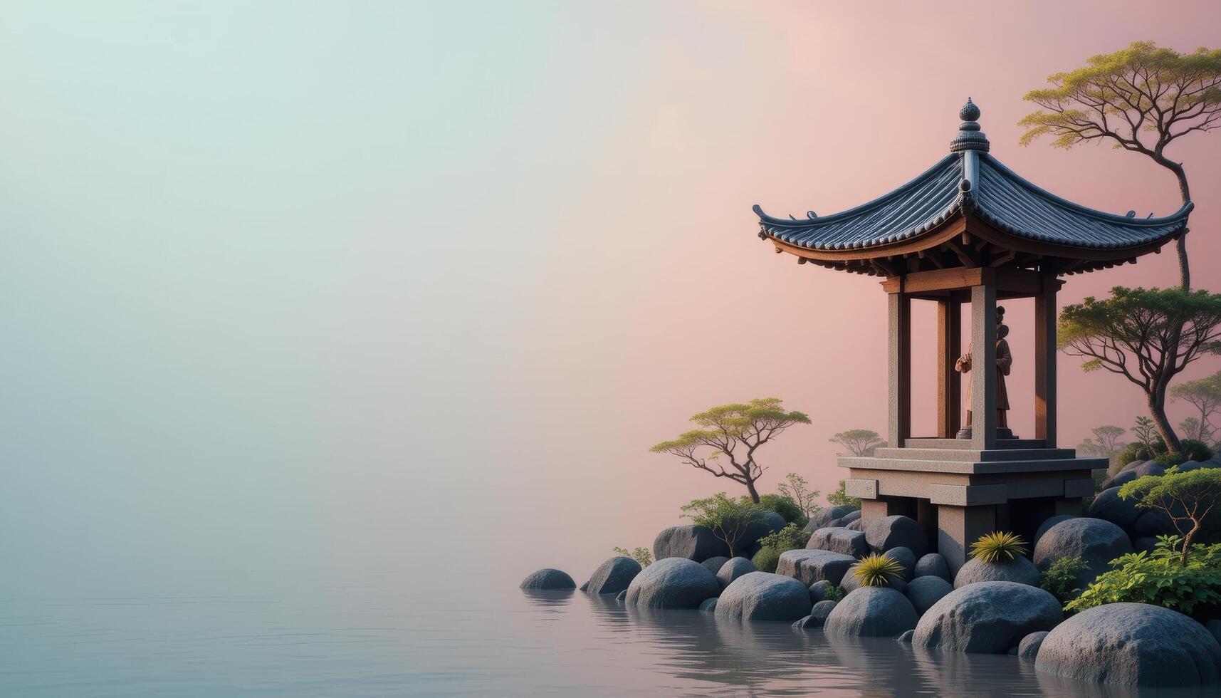 Serene Asian Pavilion by Tranquil Waters at Sunset Light photo