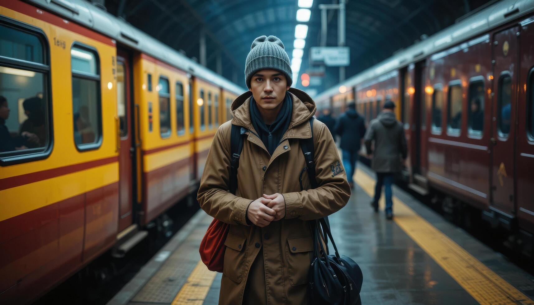 Young Man in Hat at Train Station during Rainy Day Commute photo