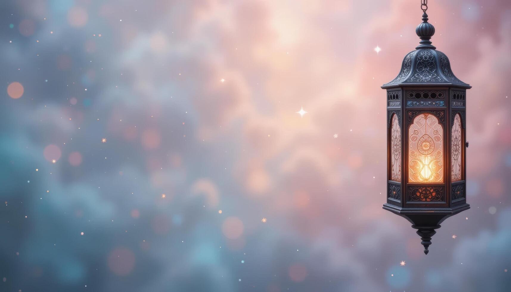 Ornate Lantern Hanging in a Dreamy Atmosphere with Soft Bokeh Lights photo