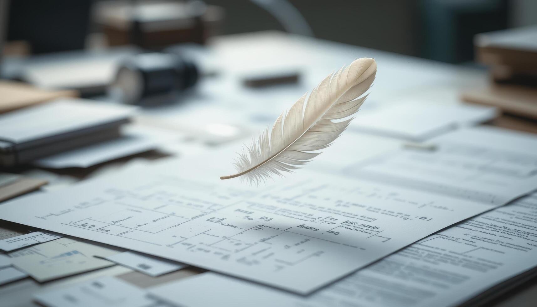 Elegant Feather Floating Above Document Surfaces in Soft Light photo
