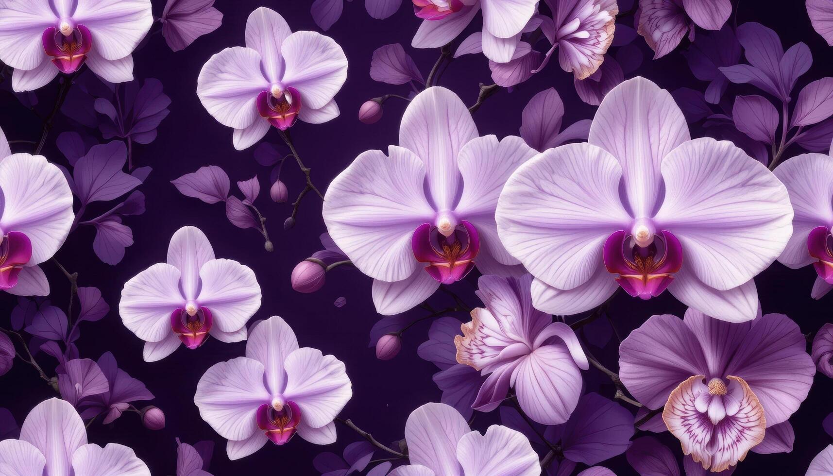 Vibrant Orchids and Floral Patterns on Dark Purple Background photo