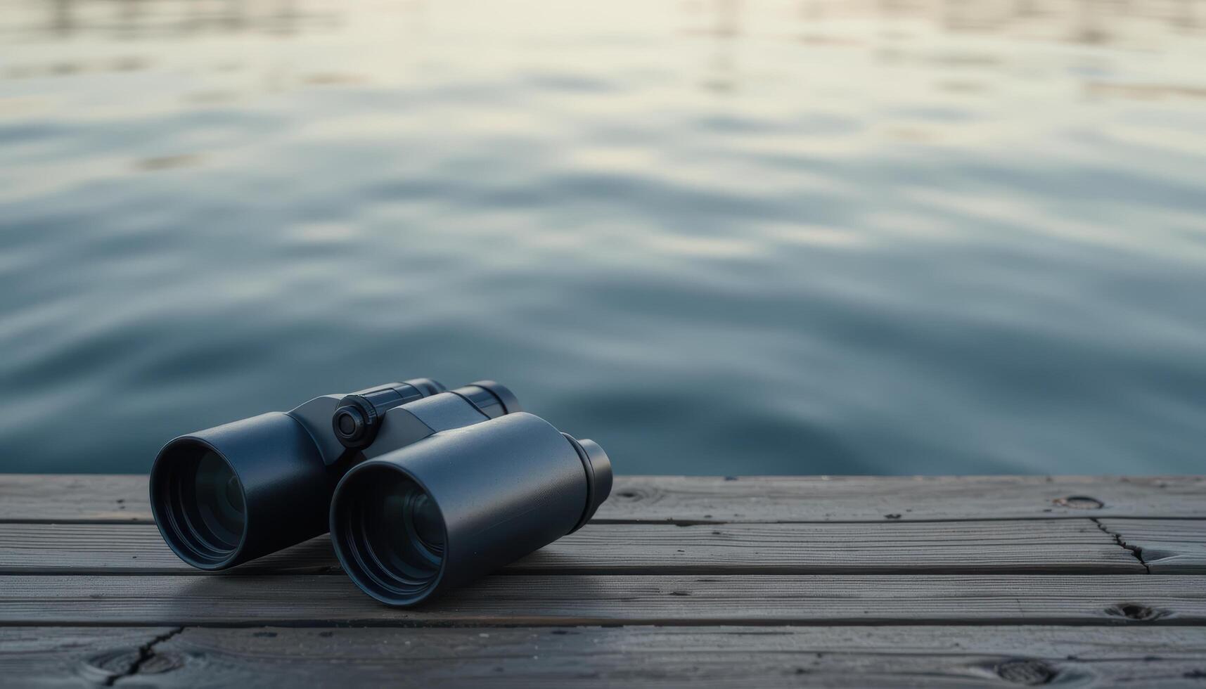 Binoculars on Dock Next to Calm Water at Sunset Time photo