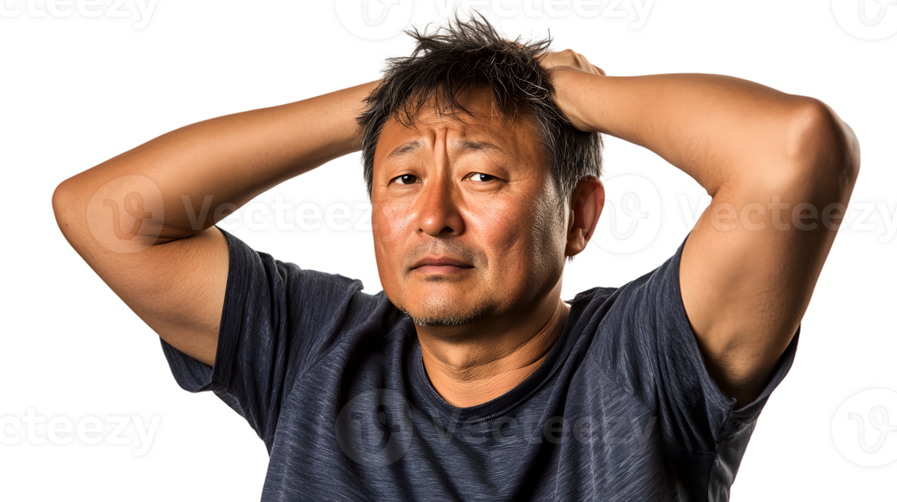 Worried man stressed expression hands in hair portrait closeup studio shot png