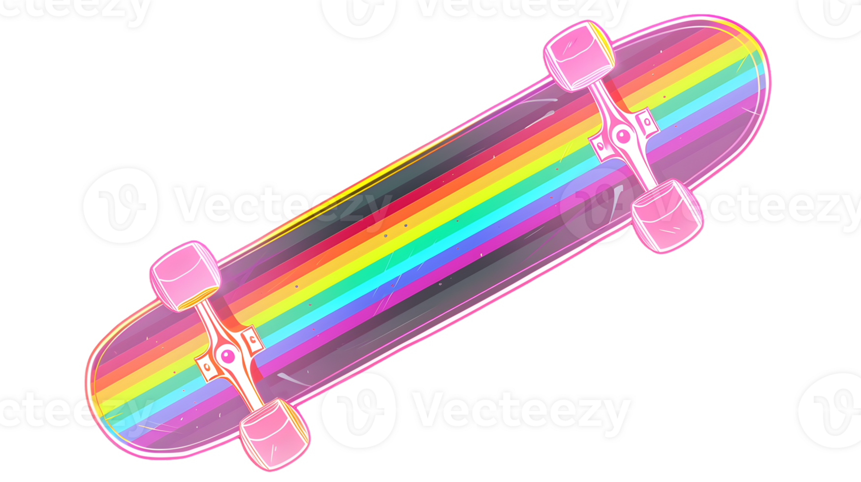 Colorful Skateboard with Rainbow Design and Pink Wheels for Creative Projects png