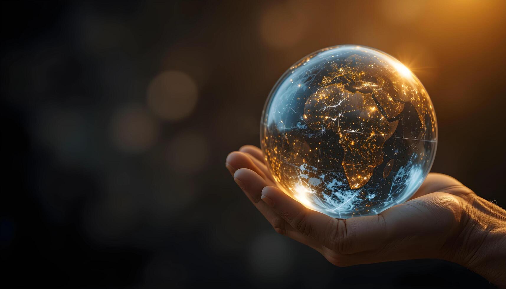A close-up shot of a hand holding a transparent globe, showcasing a digital representation of the Earth's continents and illuminated city lights. photo