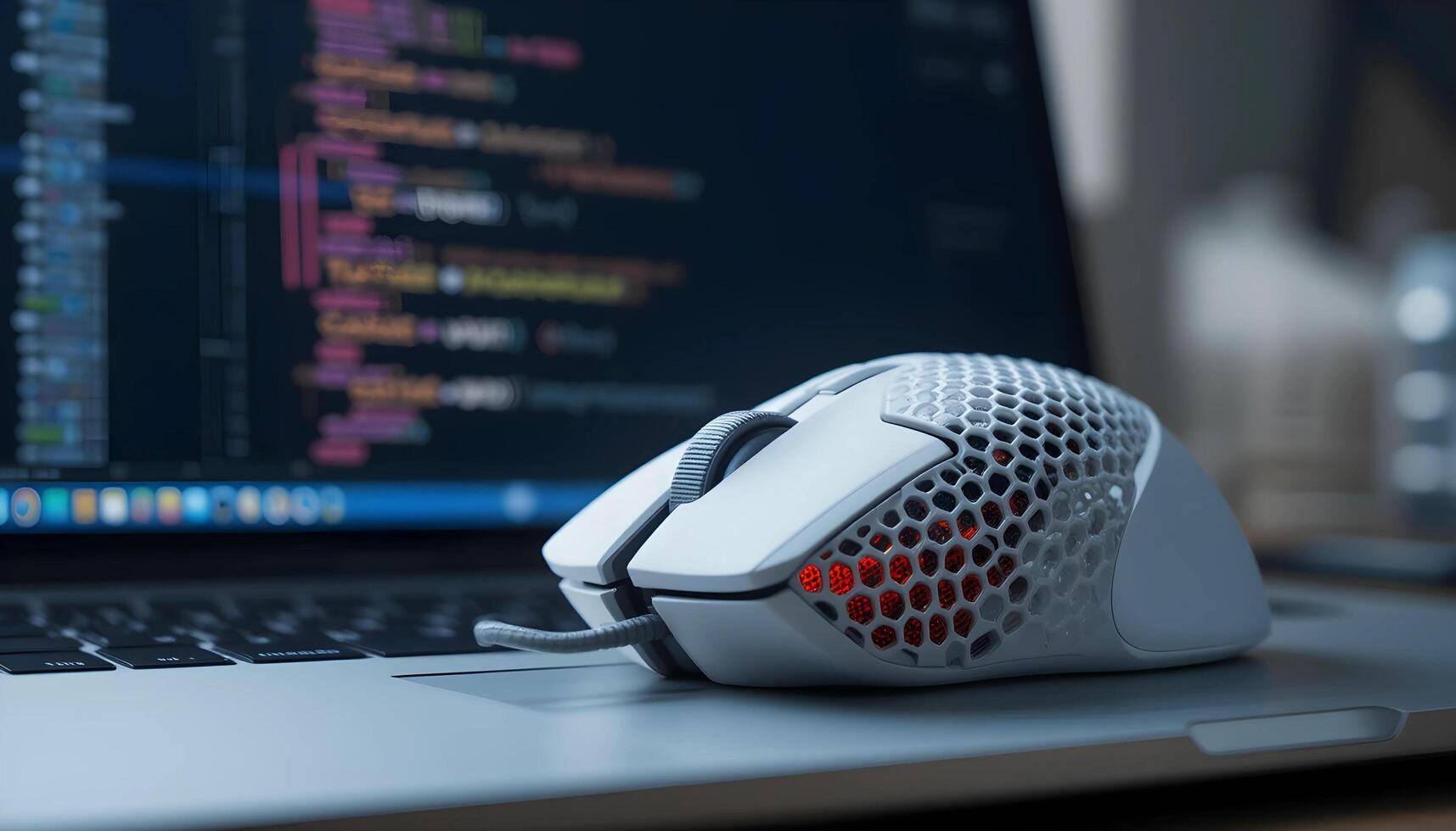 Close-up of a sleek, white gaming mouse resting on a silver laptop keyboard. photo