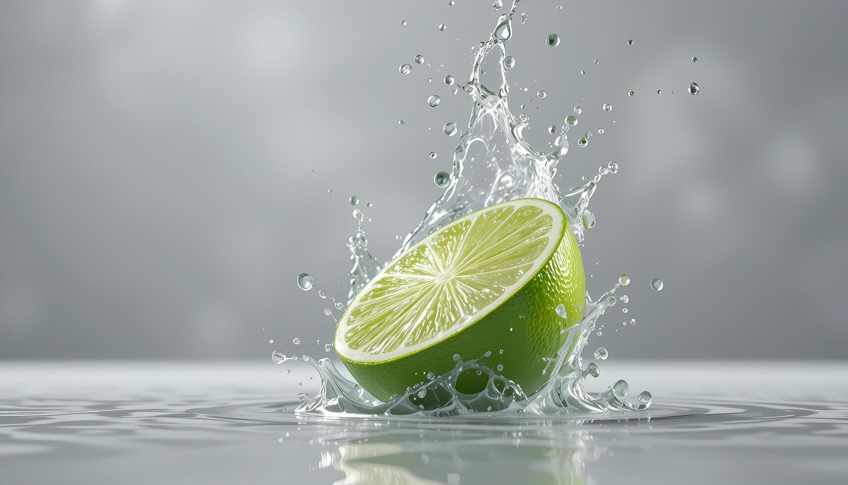 A vibrant lime slice plunges into clear water, creating a dynamic splash. photo