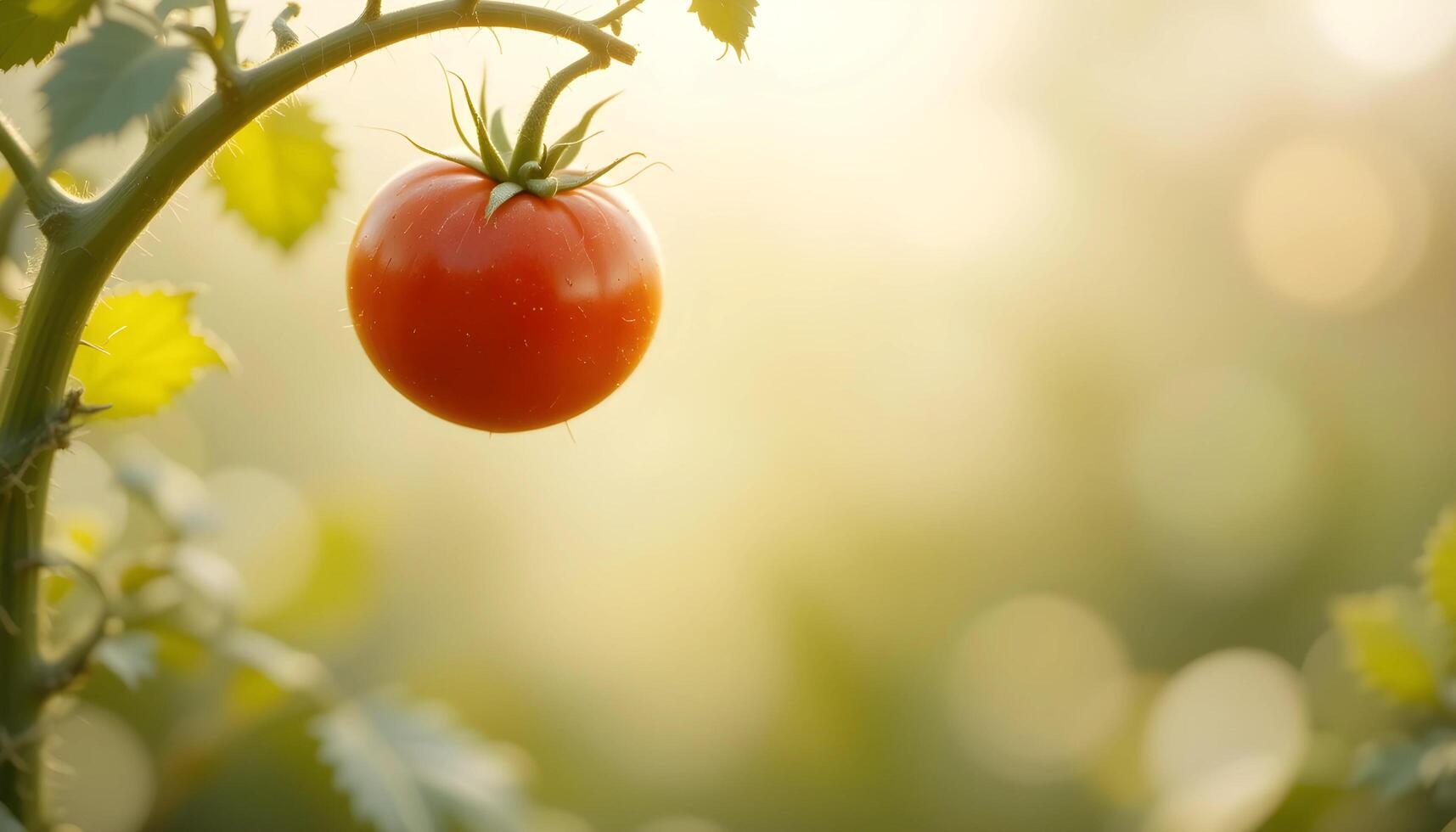 Close-up of a vibrant red tomato hanging from a vine, bathed in soft, golden sunlight. photo