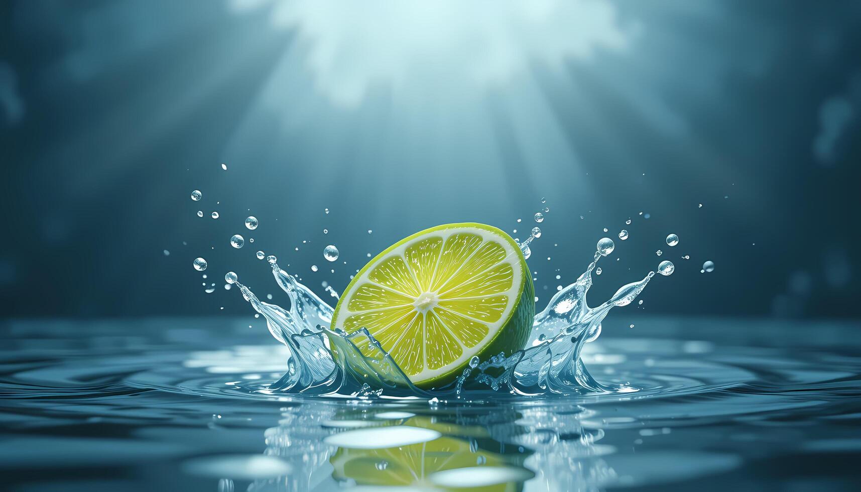 A vibrant close-up of a lime slice impacting a surface of water, creating a dynamic splash. photo