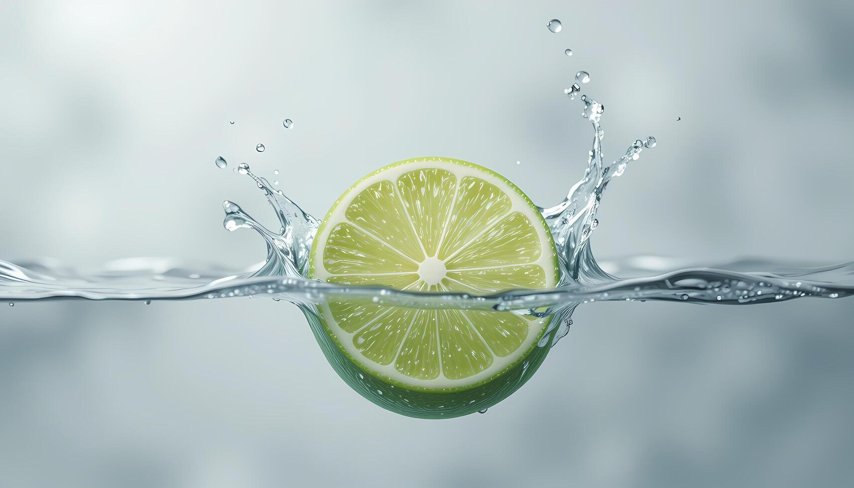 A vibrant, close-up image of a lime slice creating a dynamic splash in water. photo