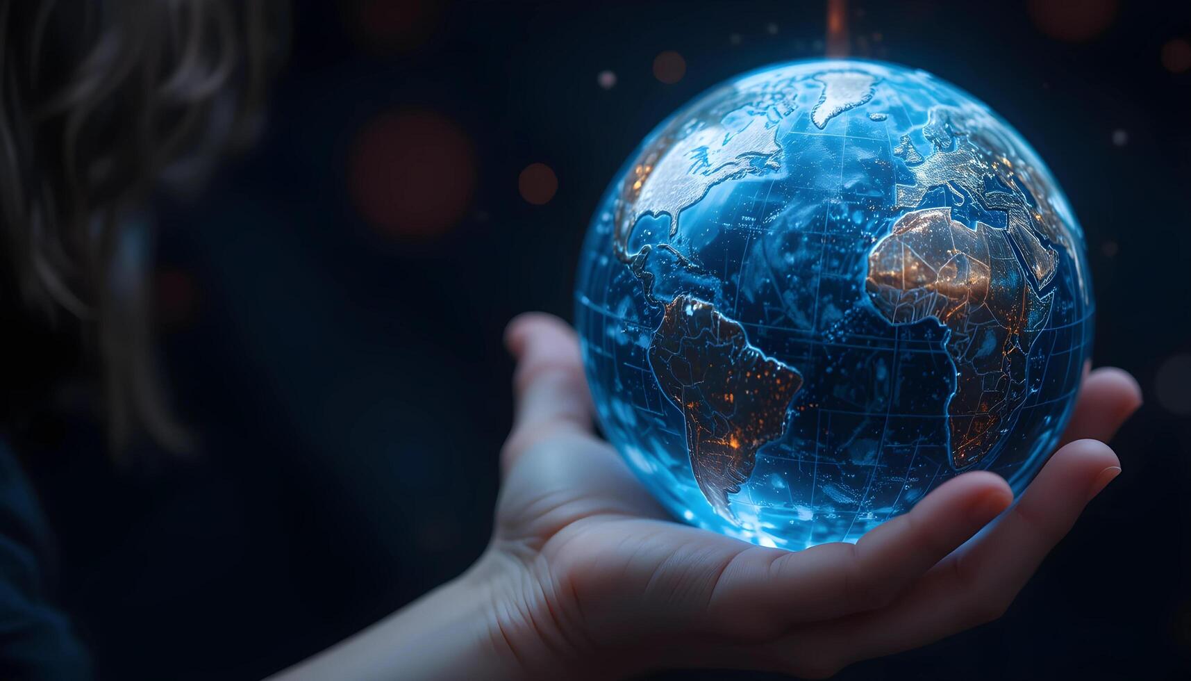 Close-up of a hand gently holding a glowing, digital representation of the Earth. photo