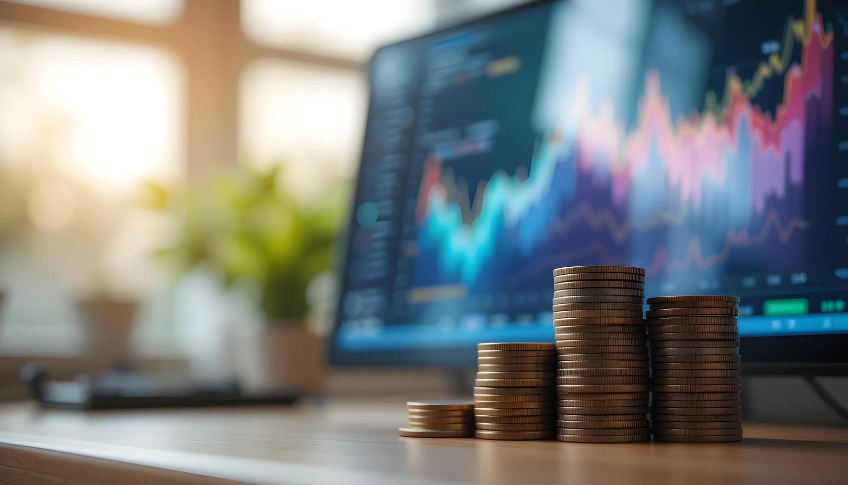 Stacks of coins, increasing in height, sit on a light-brown wooden desk, in front of a computer monitor displaying stock market charts. photo
