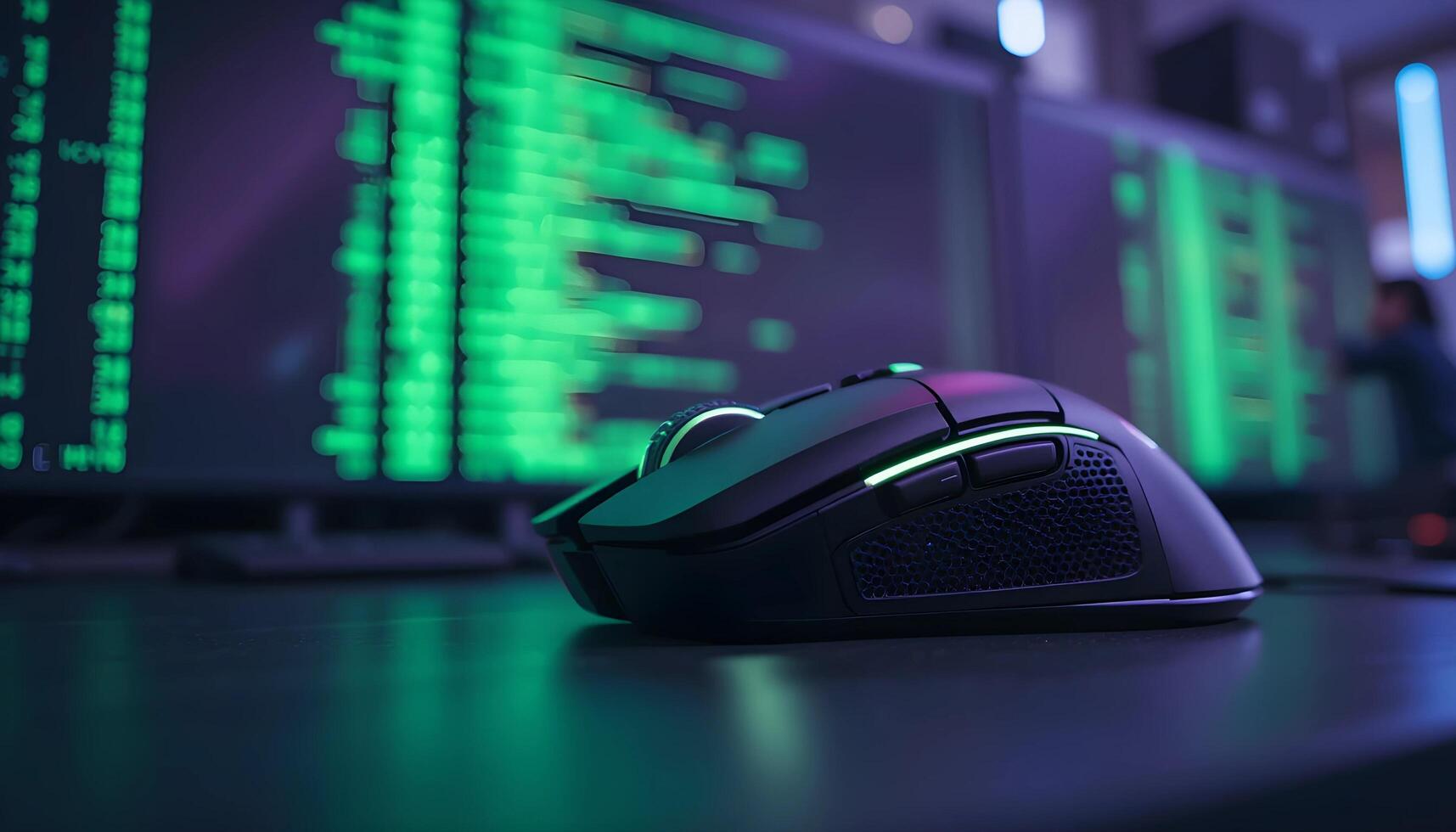 A close up shot of a high performance gaming mouse, featuring a dark gray or black color scheme and subtle green lighting accents photo