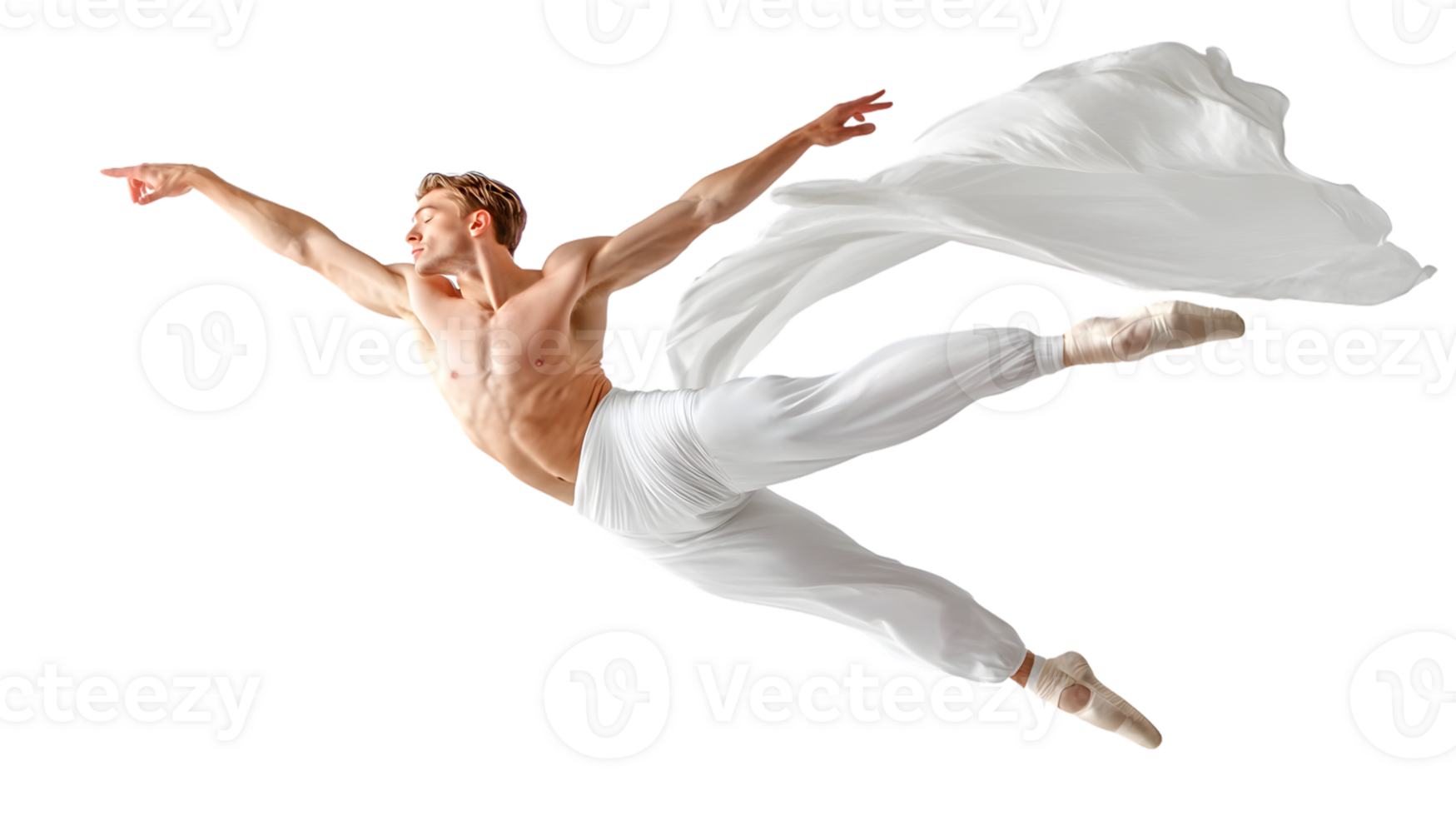 Elegant Male Dancer in MidAir Leap Graceful Ballet Performance with Flowing White Fabric Art png