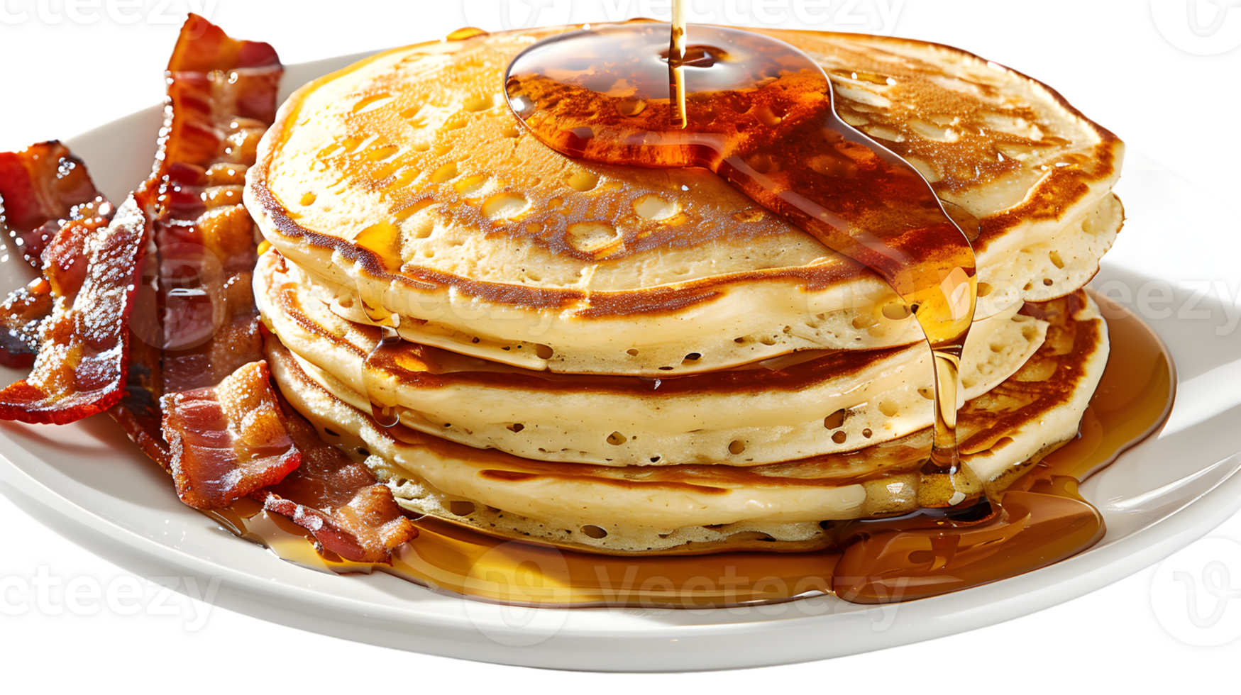 Stack of Pancakes with Syrup and Crispy Bacon on a Plate png