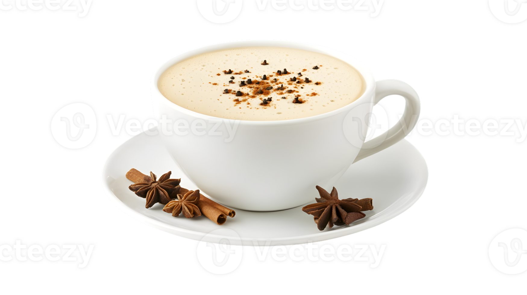 Spiced Hot Drink in White Cup and Saucer with Star Anise and Cinnamon Sticks png