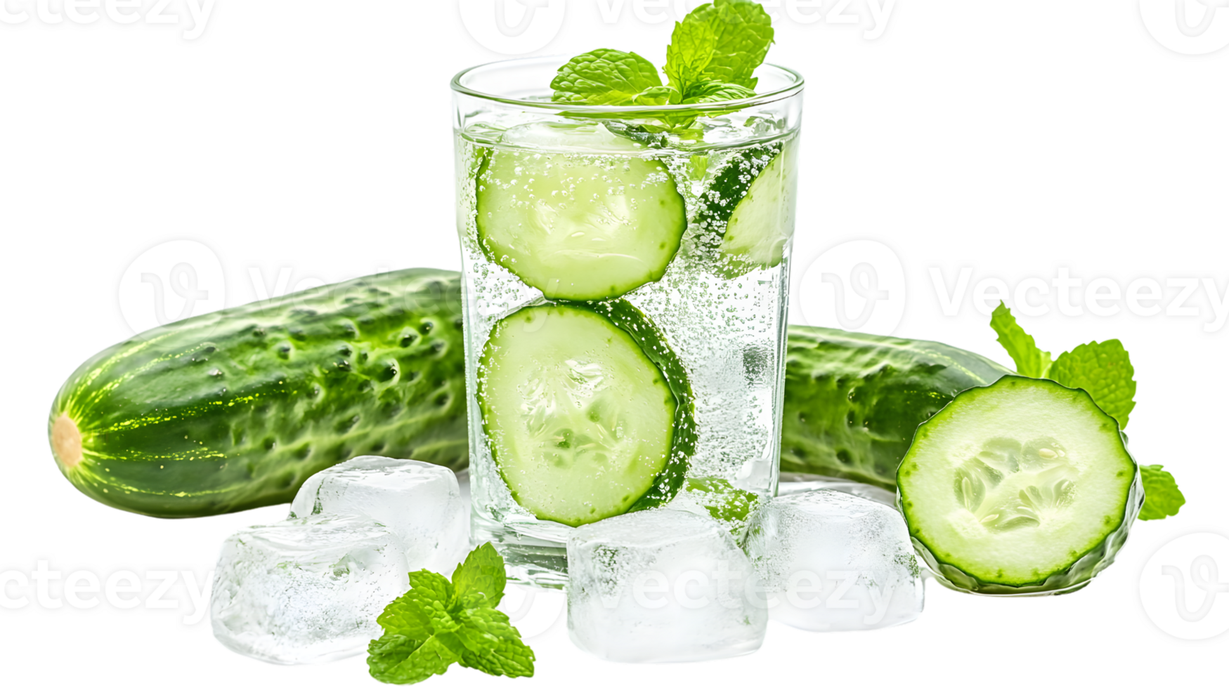 Refreshing Cucumber Mint Iced Drink with Ice Cubes and Fresh Cucumbers png
