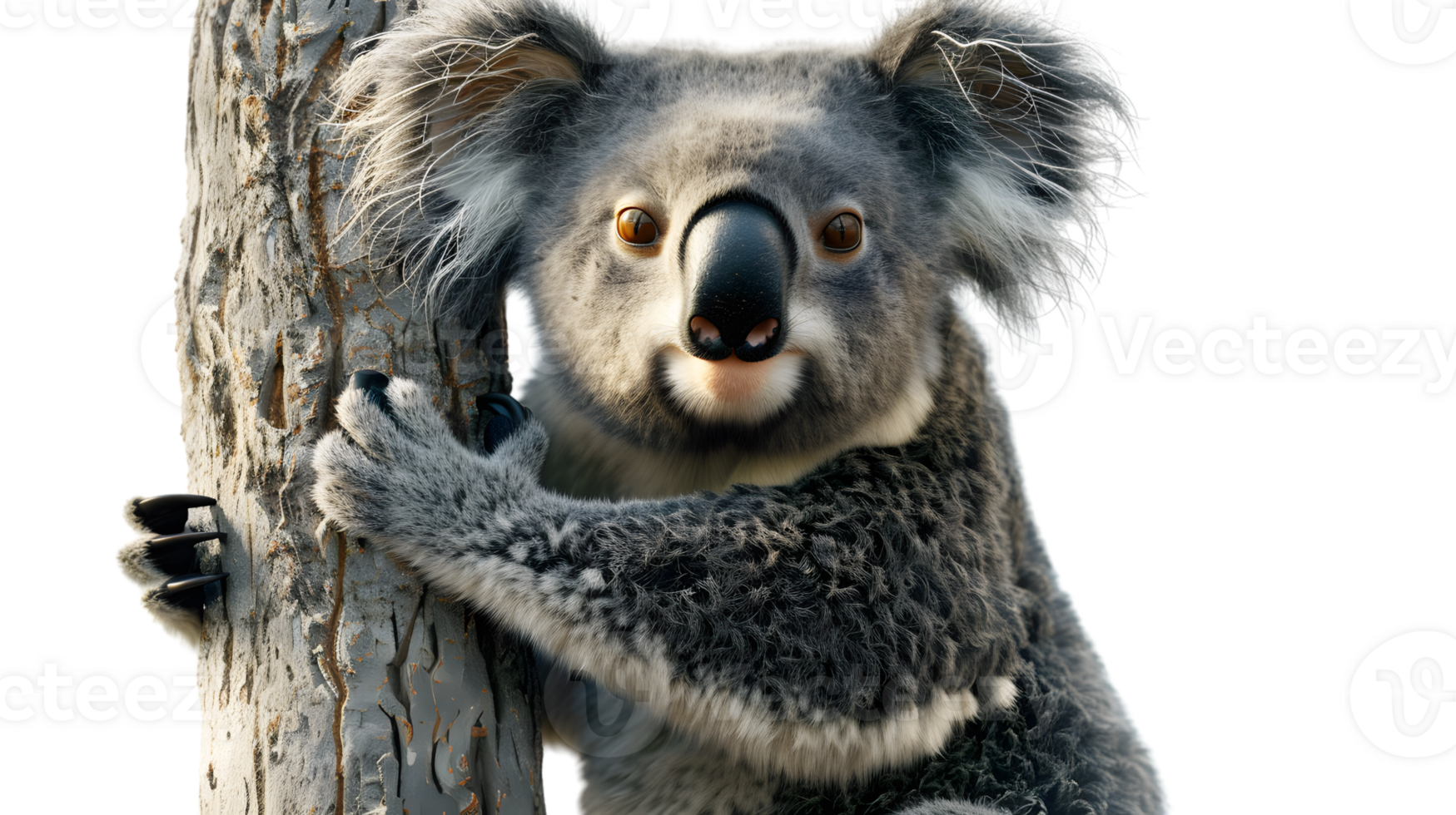 Closeup portrait of a koala clinging to a tree trunk png