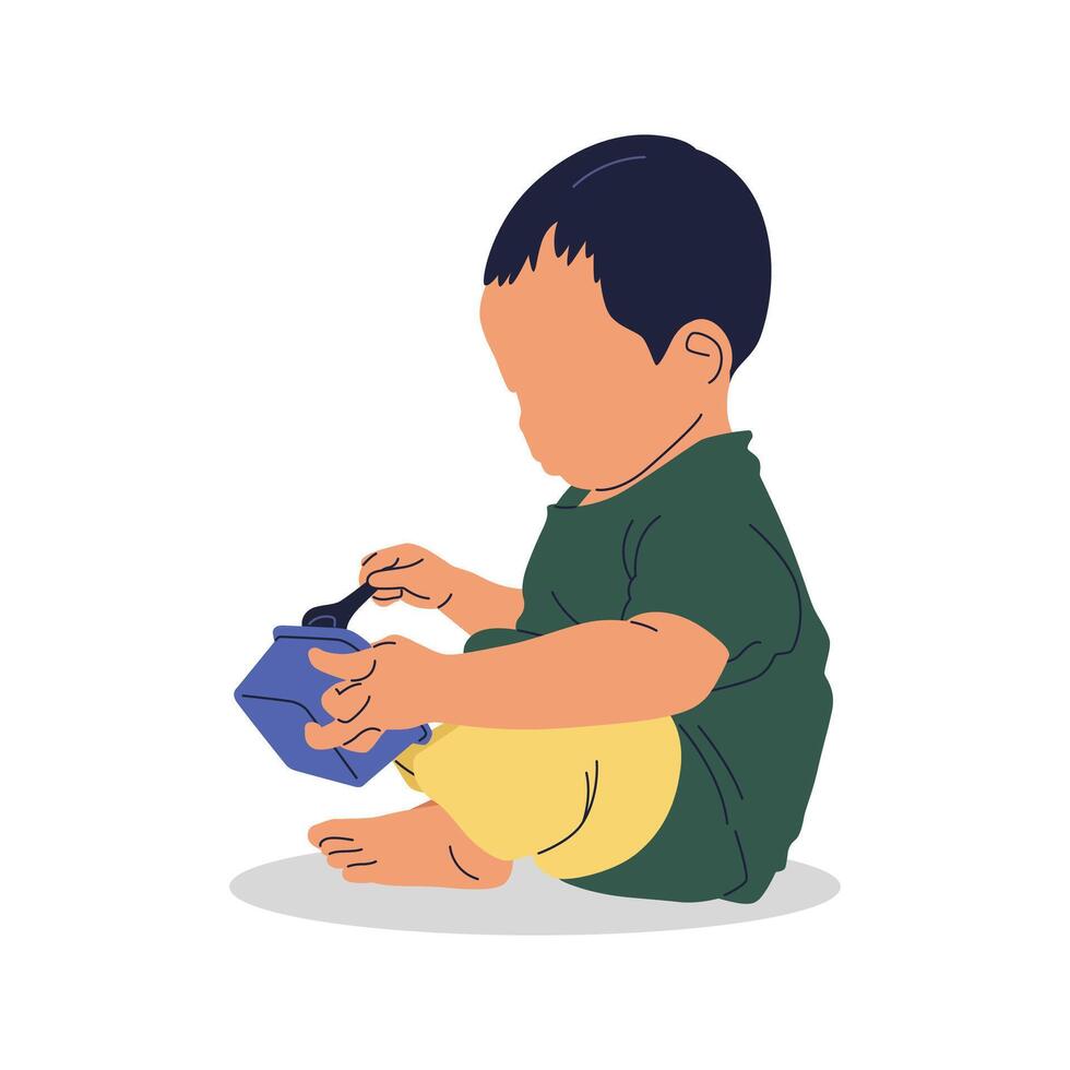 Toddler boy sits playing with a blue lunchbox and spoon. Simple line art style, wearing a green shirt and yellow pants. Cute and engaging vector
