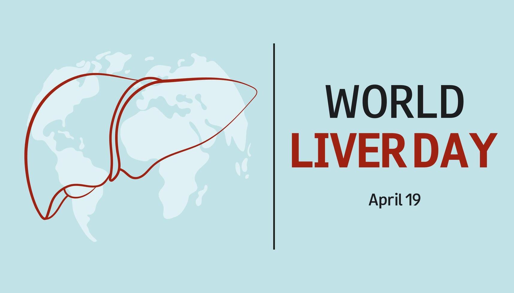 World Liver Day. April 19. Blue horizontal background with silhouette of liver and world map. Design for medical banner, card, presentation, poster. vector