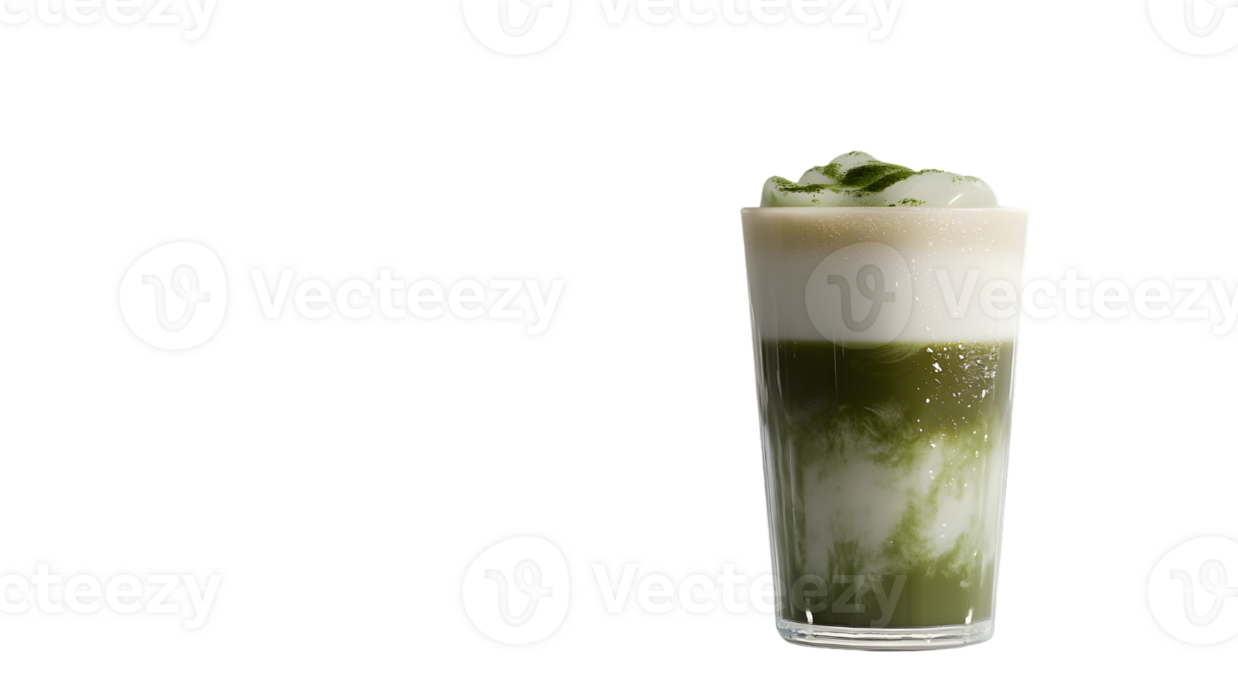 Refreshing Matcha Green Tea Beverage with Frothy Top and Ice Cubes png