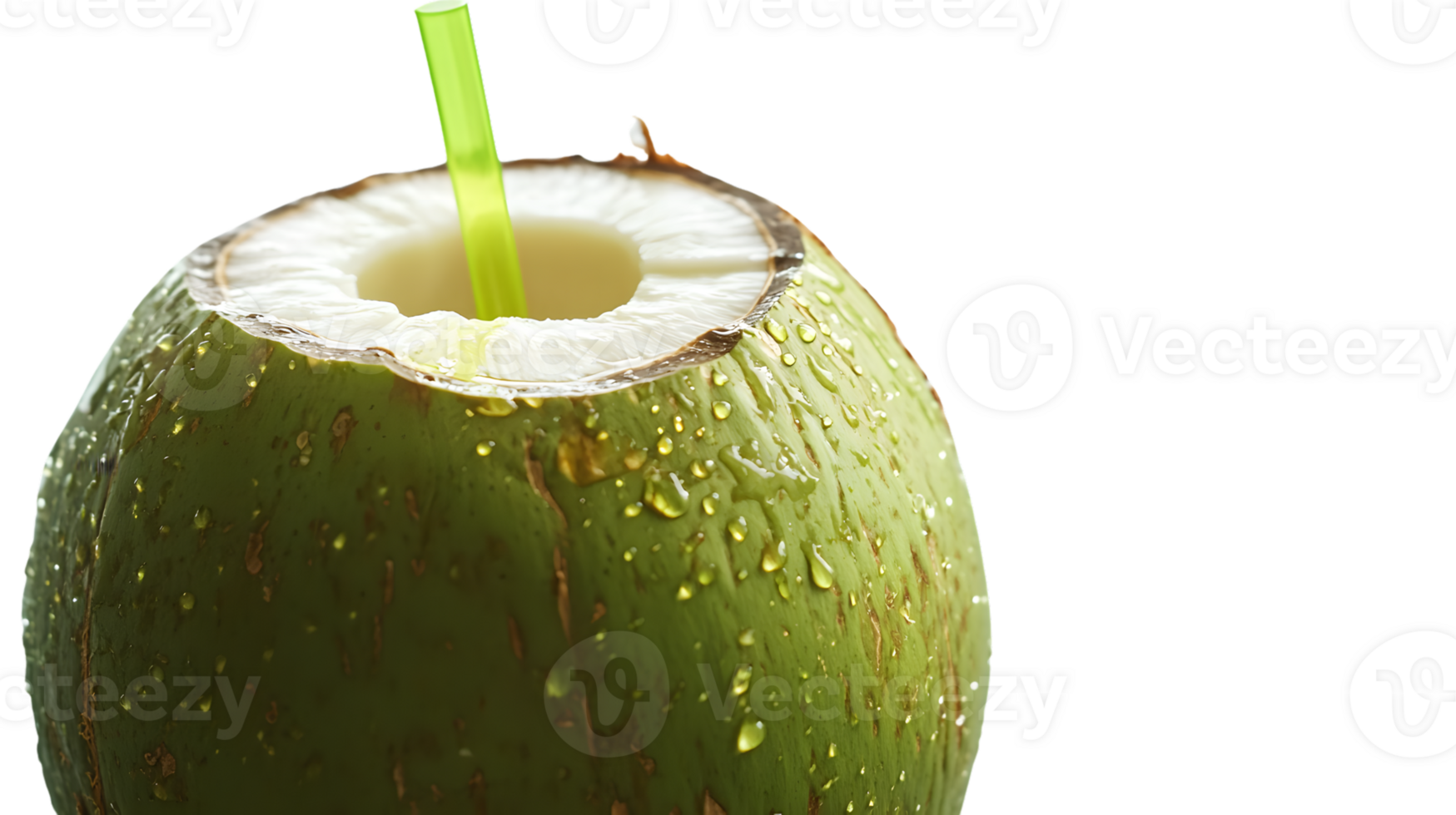 Refreshing Green Coconut with Straw Topped with Water Droplets for Tropical Beverage Concepts png