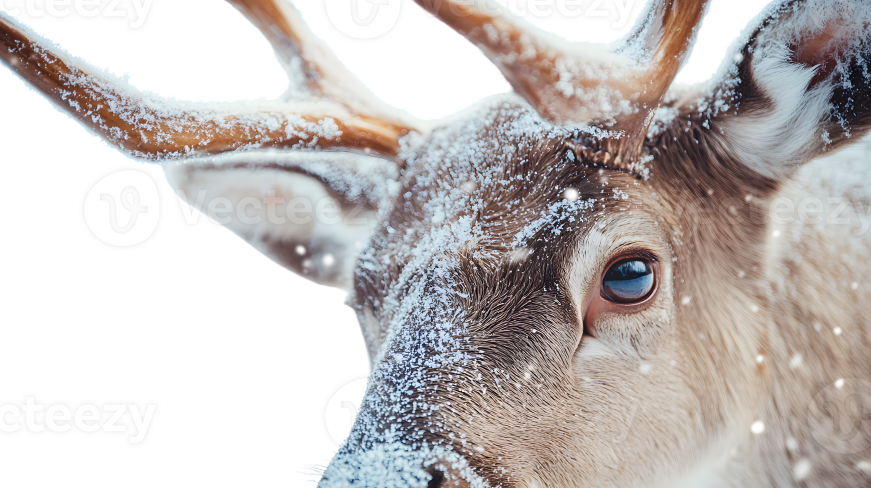 Closeup of a reindeers eye and antlers covered in snow png
