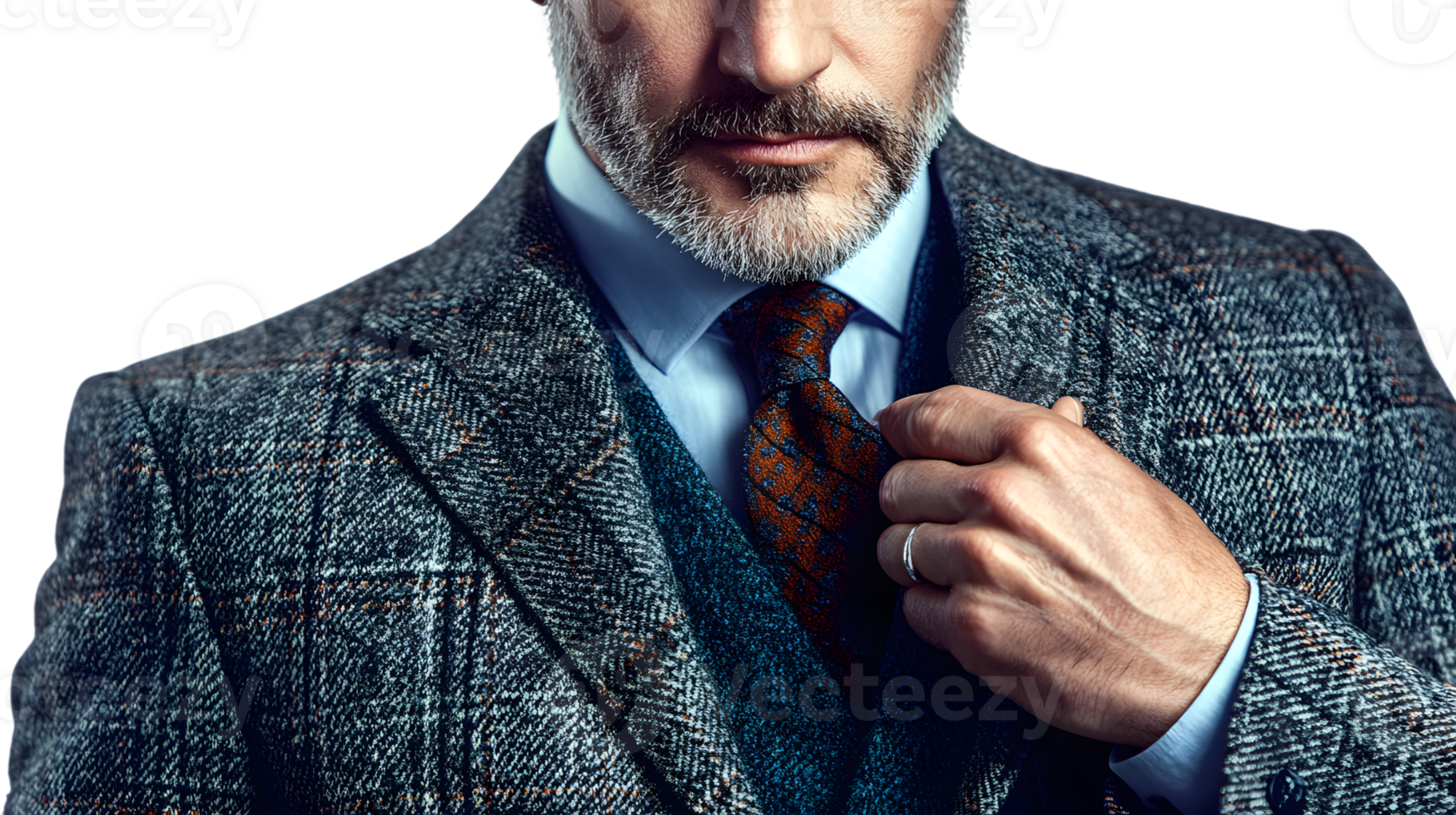 Closeup of a man adjusting his tie wearing a tweed jacket and waistcoat png