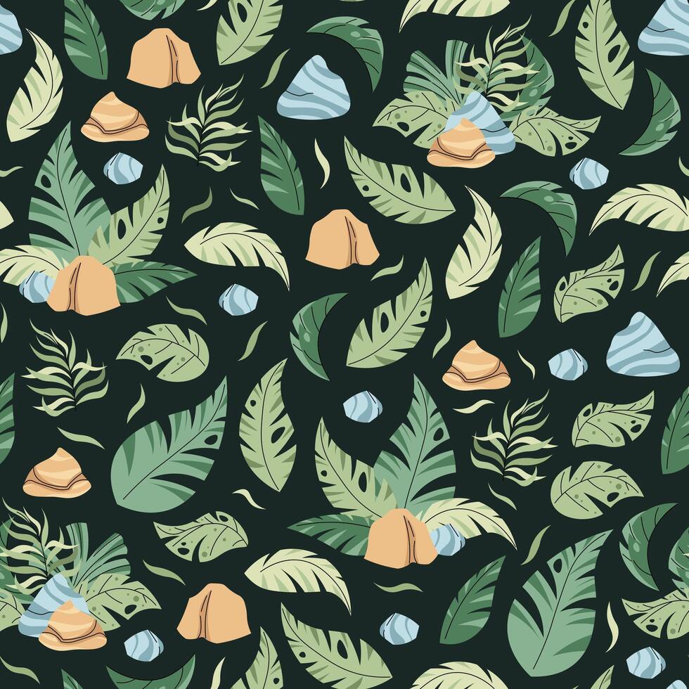 Seamless pattern with tropical leaves in flat style. Endless texture with palm leaves, stones and branches. Botanical background for fabric, wallpaper, wrapping paper vector