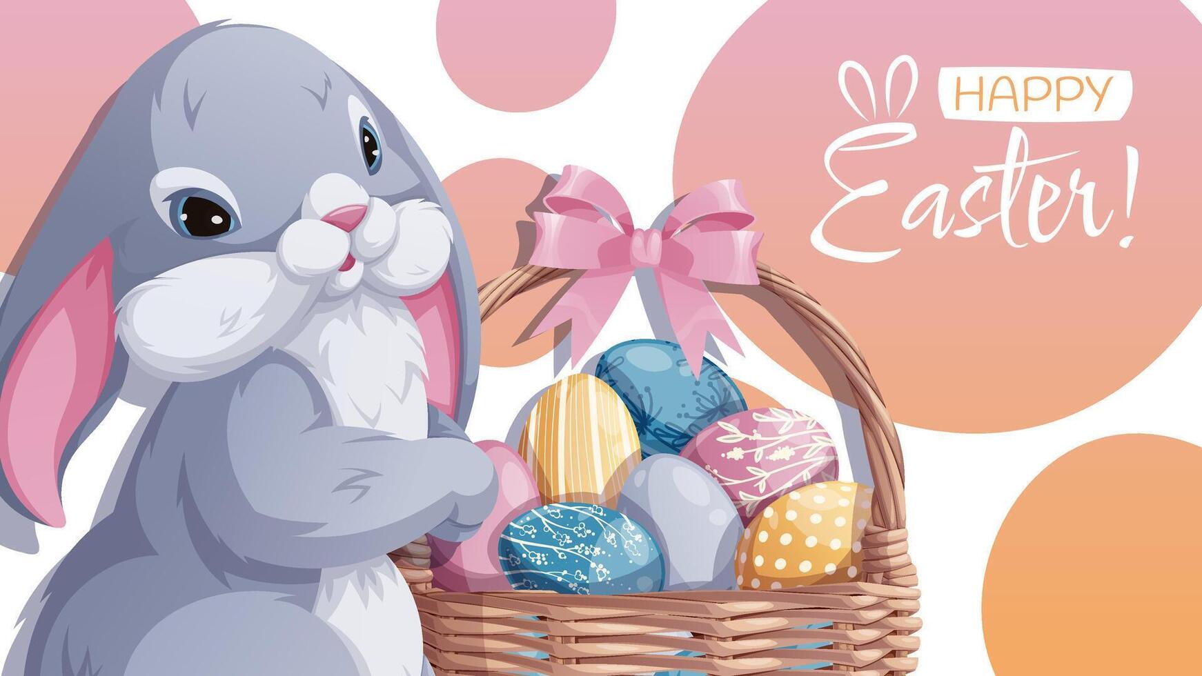 Happy Easter Banner Design with Cute Bunny and Colorful Eggs in a Basket. Happy Easter Celebration. Spring Background for Cards, Posters, and Social Media. Perfect for Festive Promotions. vector