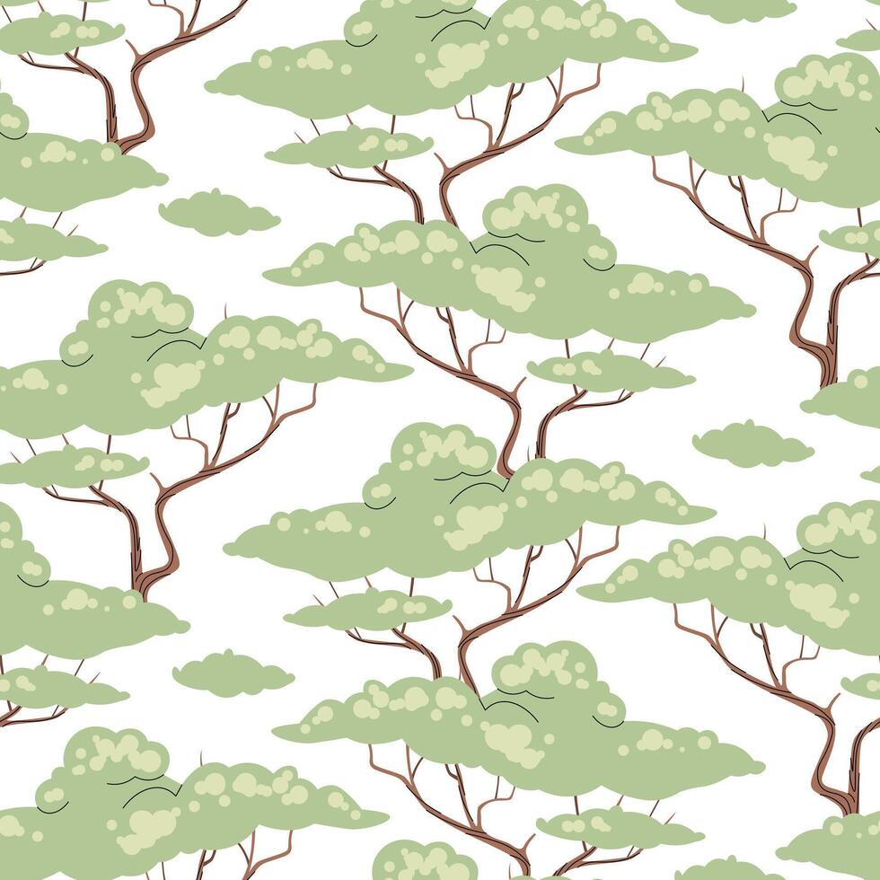 Seamless pattern with African acacia in flat style. Repeating background with savanna trees. Botanical background for fabric, wallpaper, wrapping paper vector