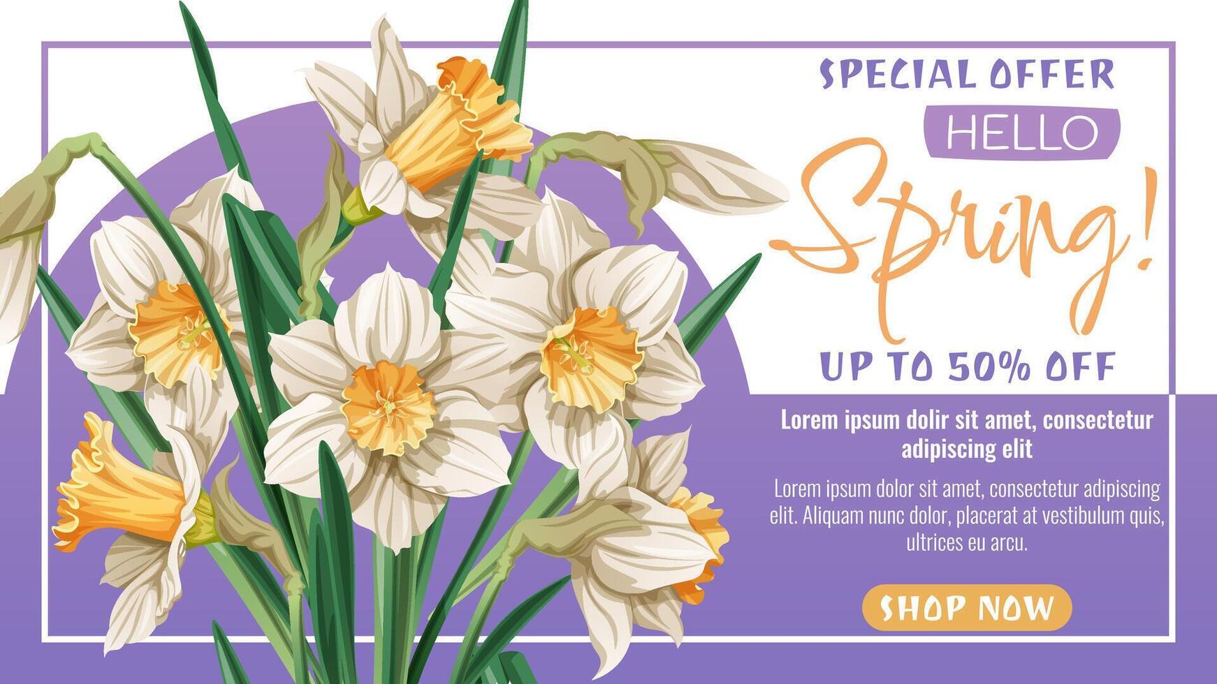 Happy Easter White Daffodils Spring Sale Banner. Elegant Floral Discount Design for Promotions, Flyers, Social Media Ads and Email Marketing. Clean Illustration for Digital and Print. vector